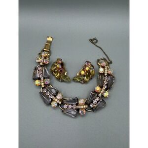 Vintage Juliana D&E Rhinestone Bracelet Earrings Set AB Crystal Smoky Glass#1097